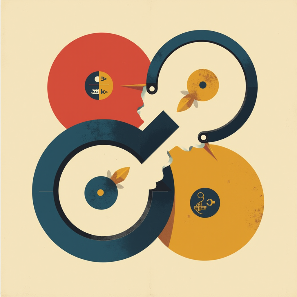 Two interlocking rings marked with distinct icons collapse,