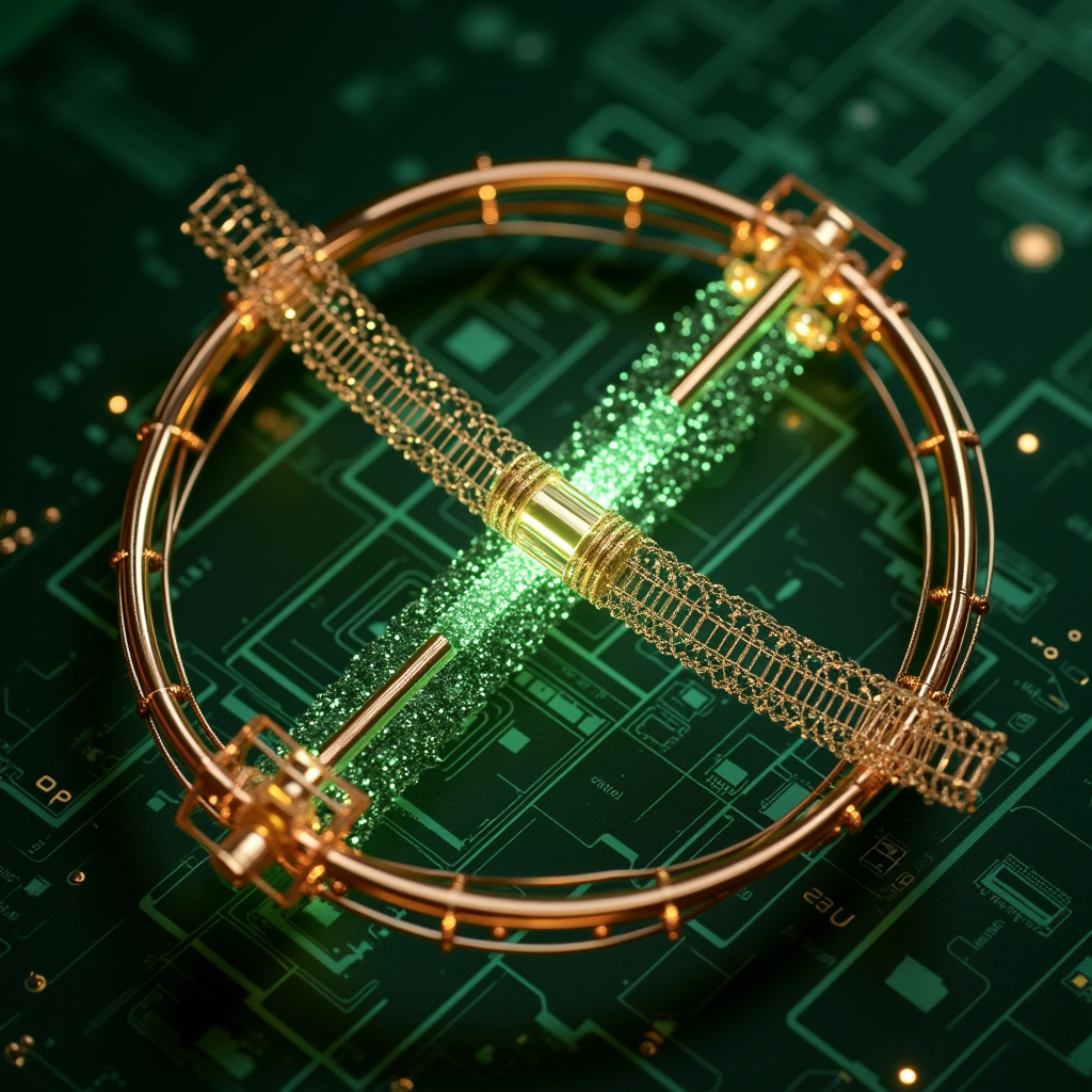 A coiled superconducting circuit connects to a microscopic q