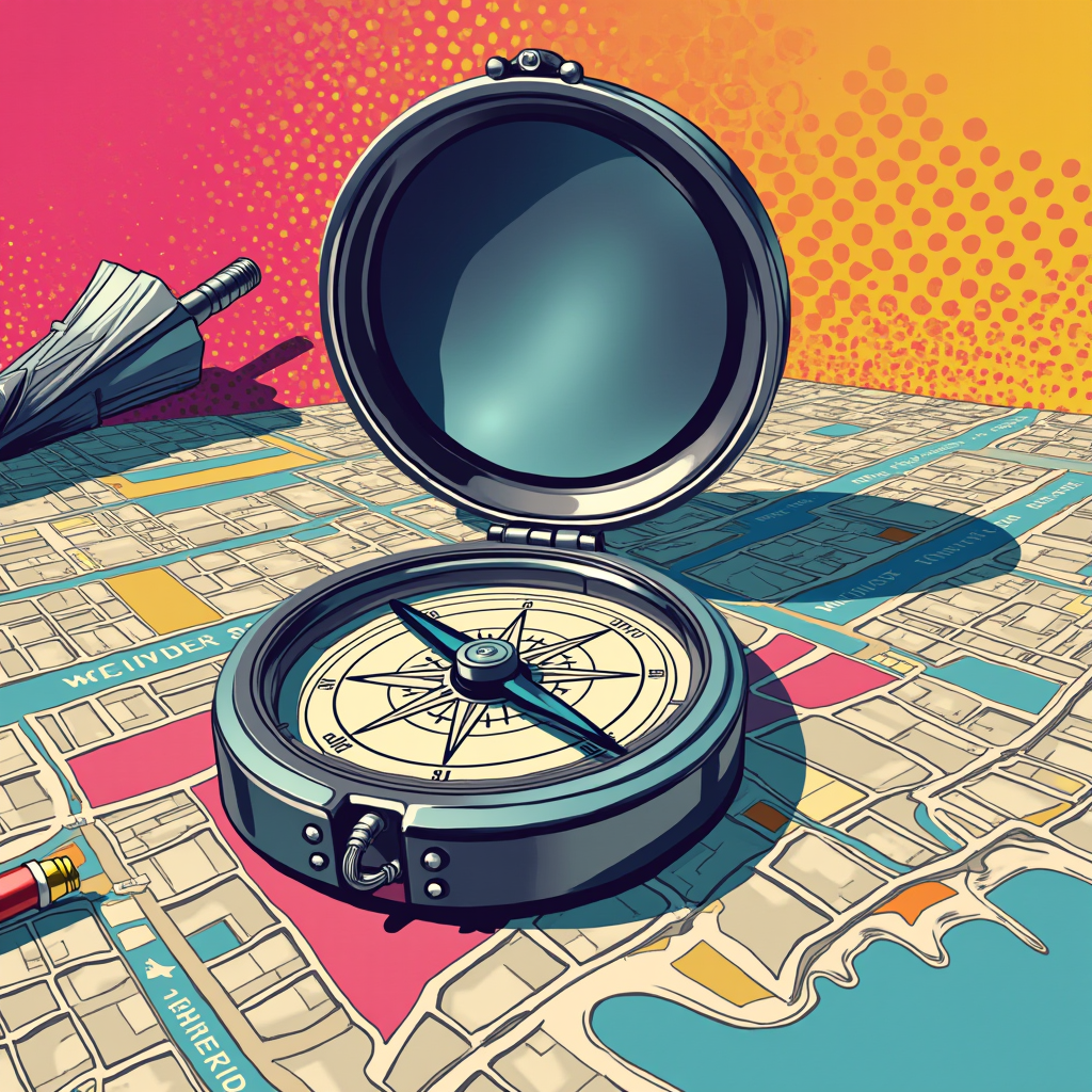 A silver compass lies open on a scattered city map, surround