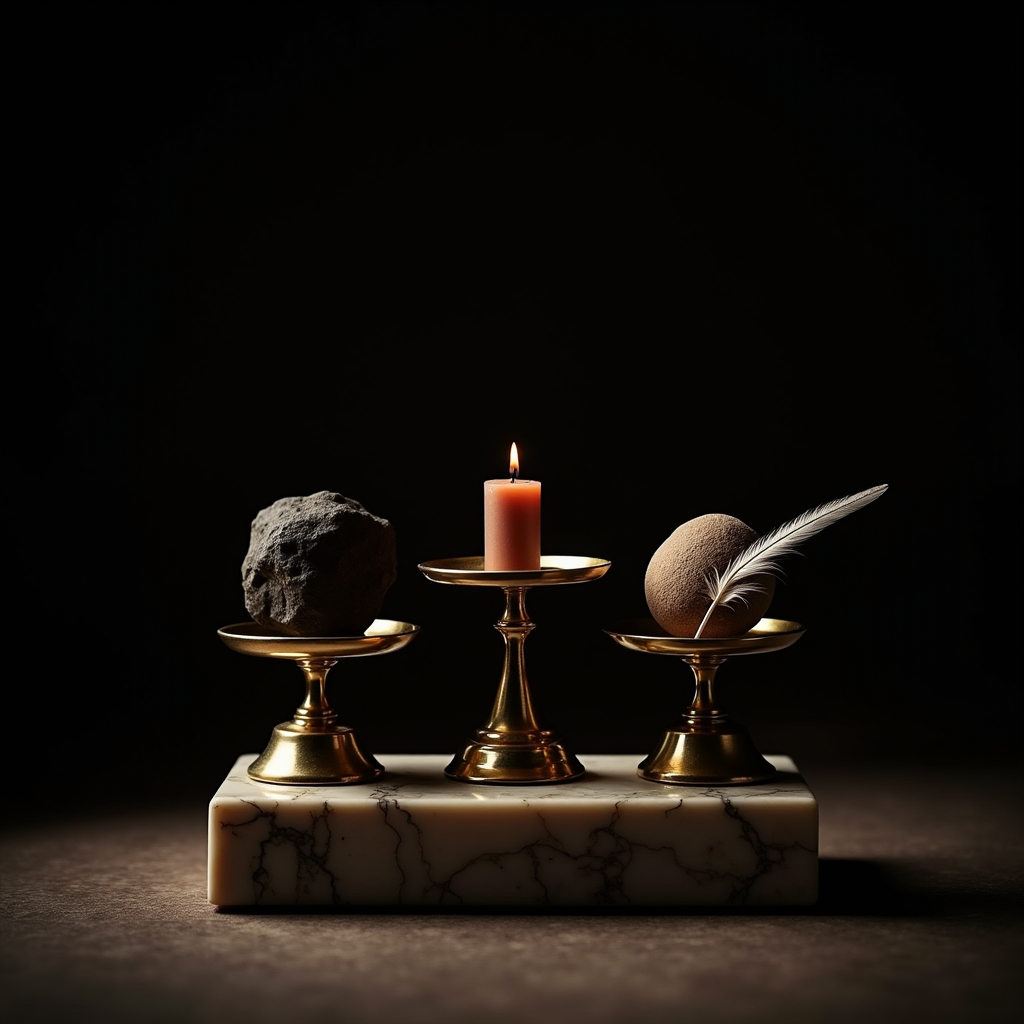 Three brass weighing scales sit side by side on a marble ped