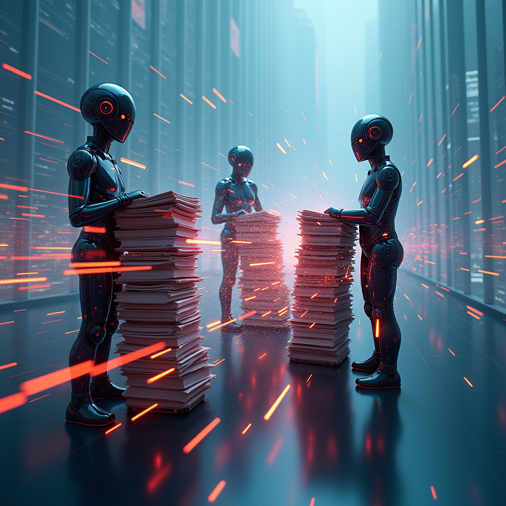 Three digital avatars processing stacks of paper documents t