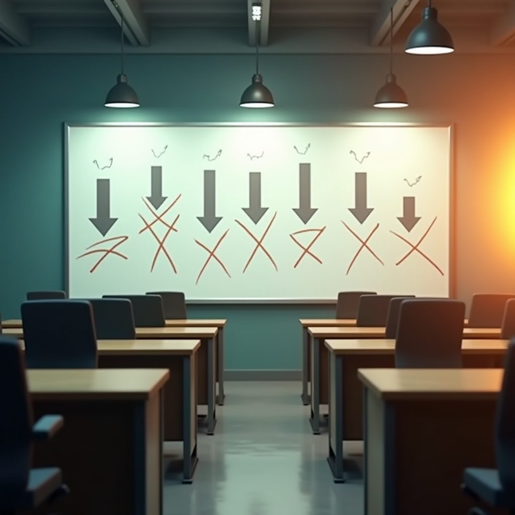 A row of vacant desks facing a whiteboard covered in crossed