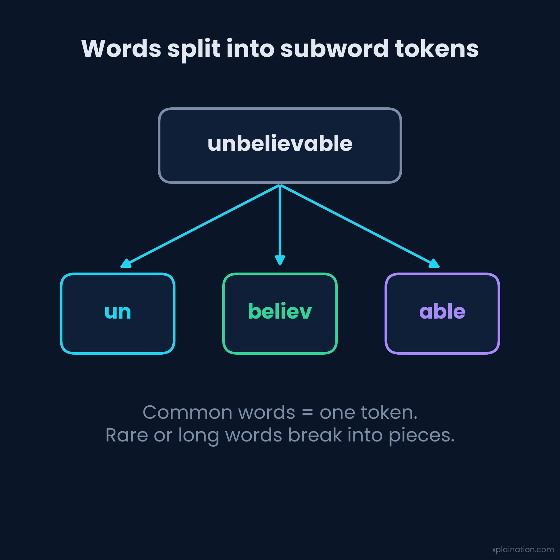 A word splitting into subword tokens: unbelievable becomes un, believ, able