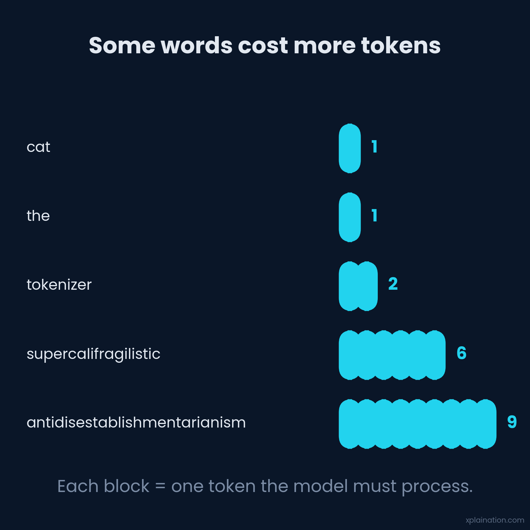 Common words cost one token; long rare words cost many