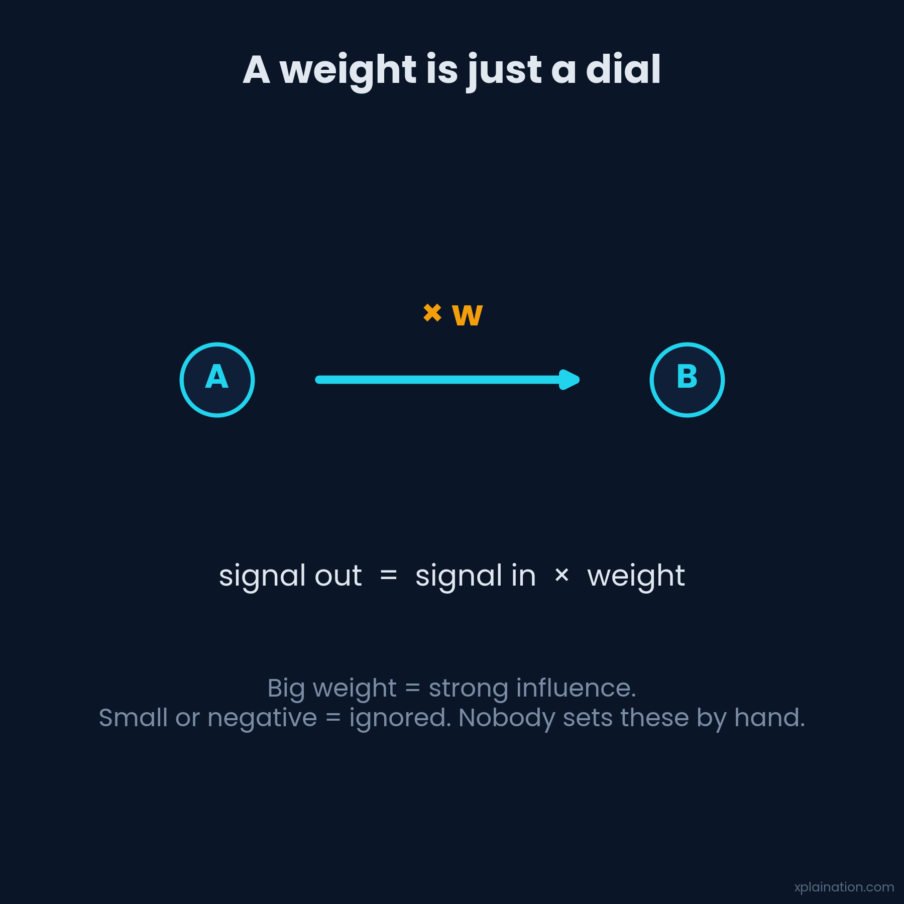A weight controls the strength of the signal between two neurons