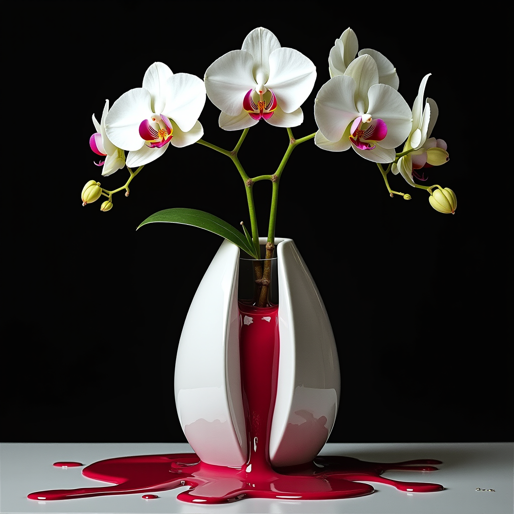 A porcelain vase overflowing with liquid chrome that forms l