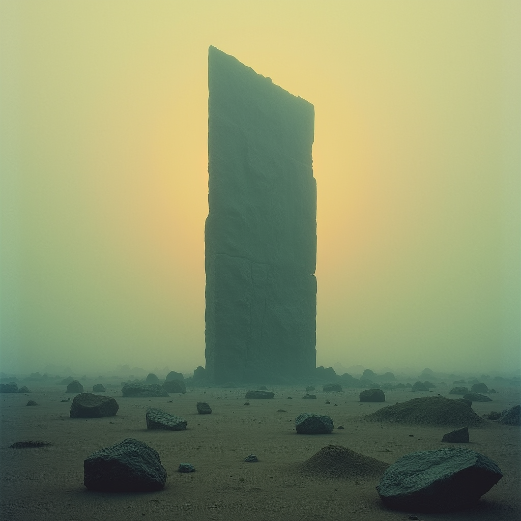 A towering, unlit stone monolith casting a long shadow that