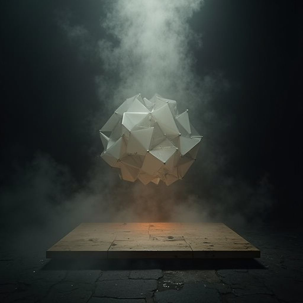 A heavy, unadorned wooden plank descending through mist, pre
