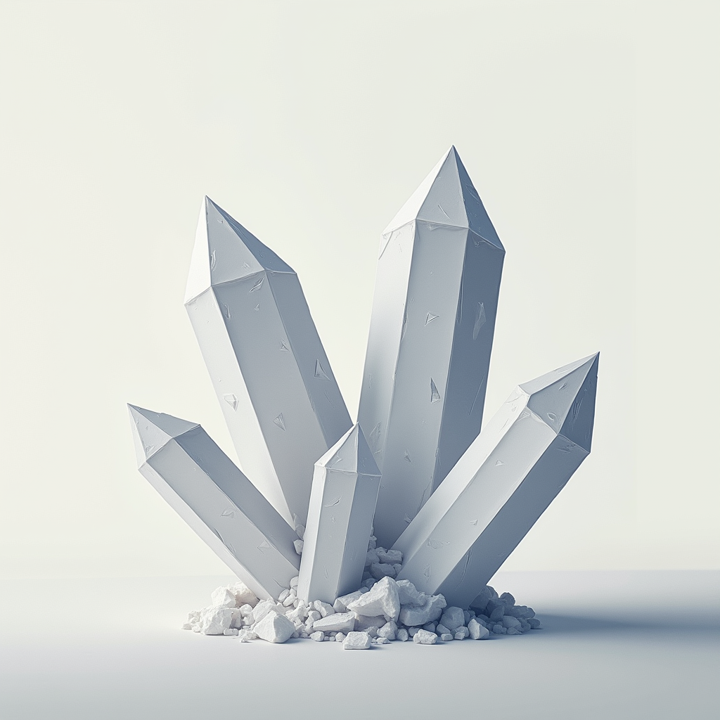 A cluster of quartz crystals fracturing into precise geometr