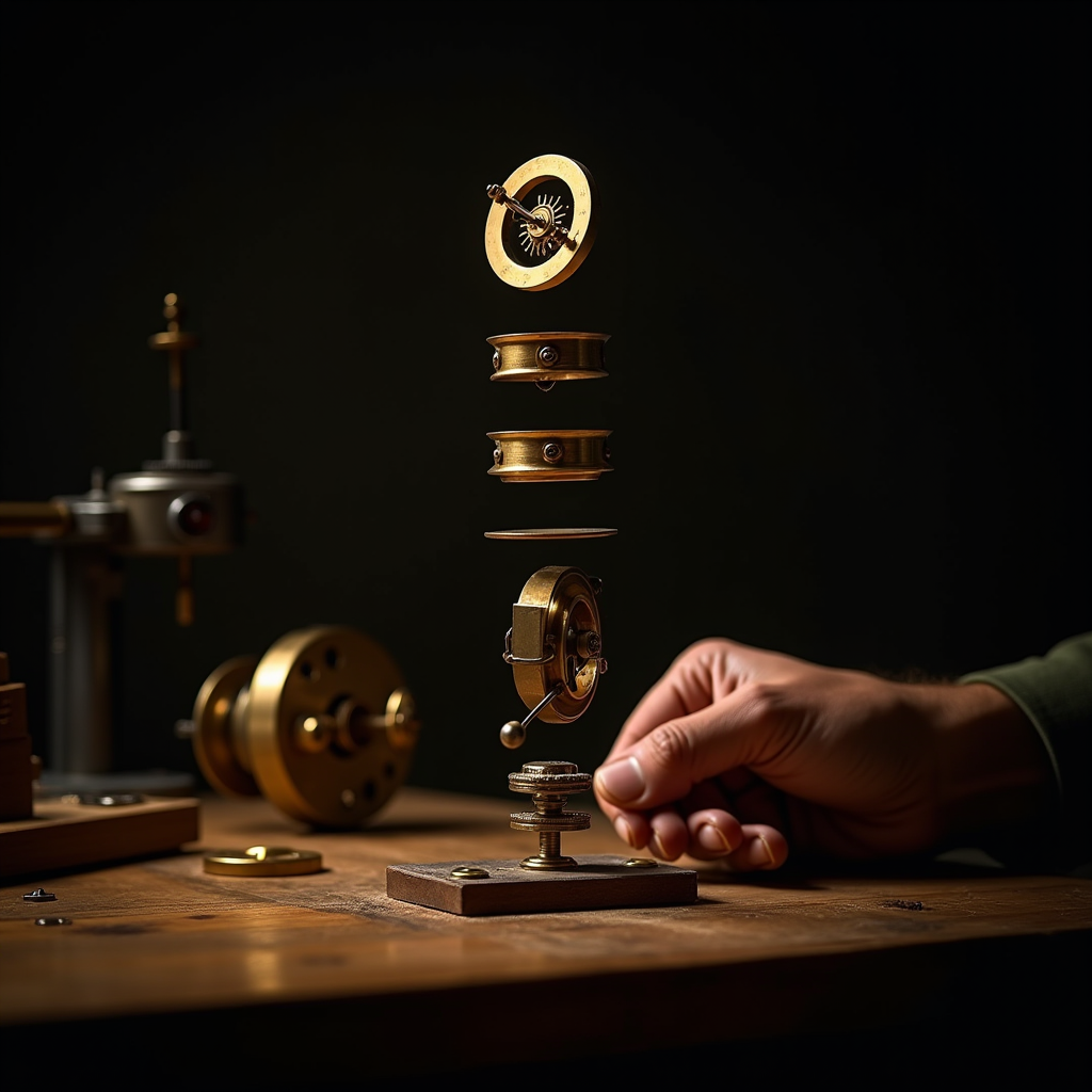 Floating brass components assembling themselves on a wooden