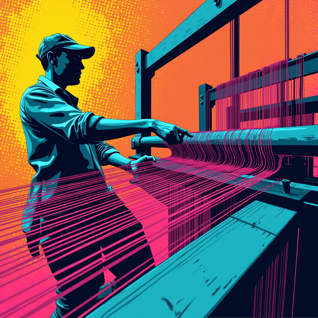 A weaver pulling a heavy velvet brake against an automatic l