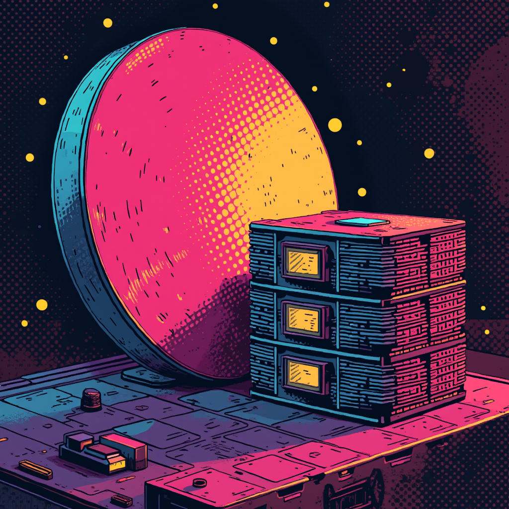 Giant pizza-sized silicon wafer resting beside a cluster of