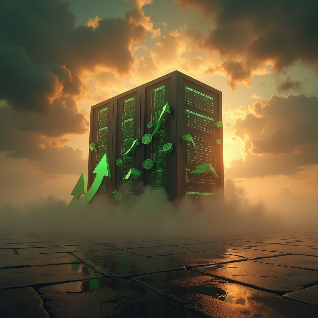 Huge server rack unit bursting through a ceiling, surrounded