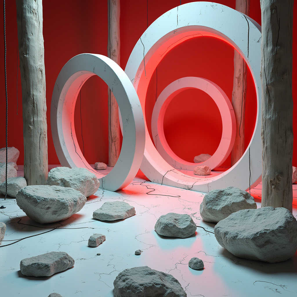 A pristine white architectural model of interlocking rings, 