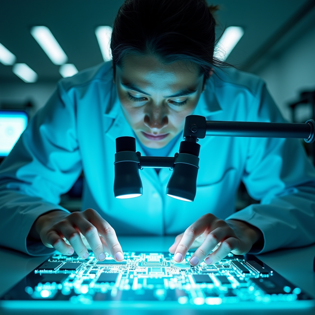 A focused engineer in a lab coat inspects a glowing custom c
