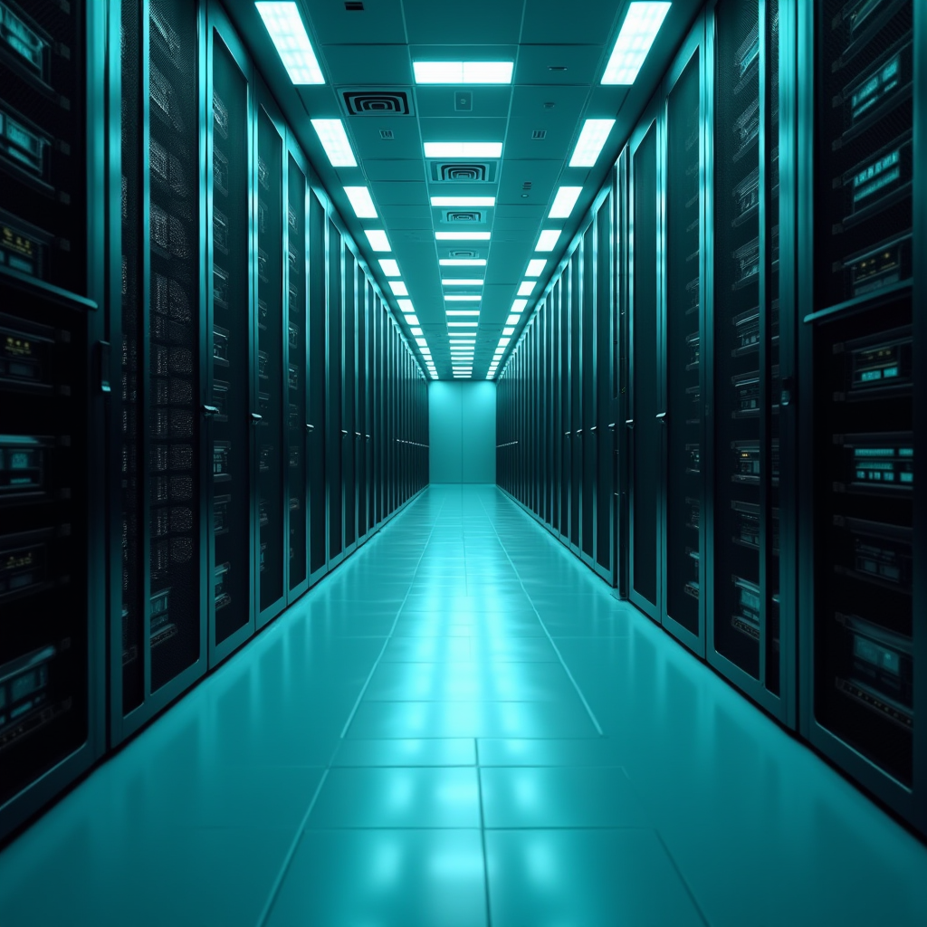 Rows of towering server racks stretch into a dim data center