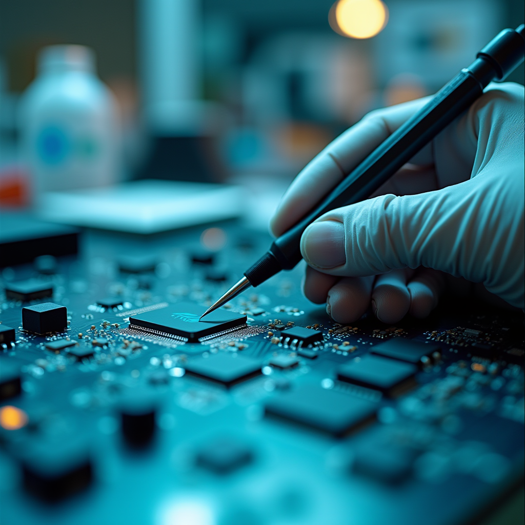A technician’s hand holds a multimeter probe against a custo