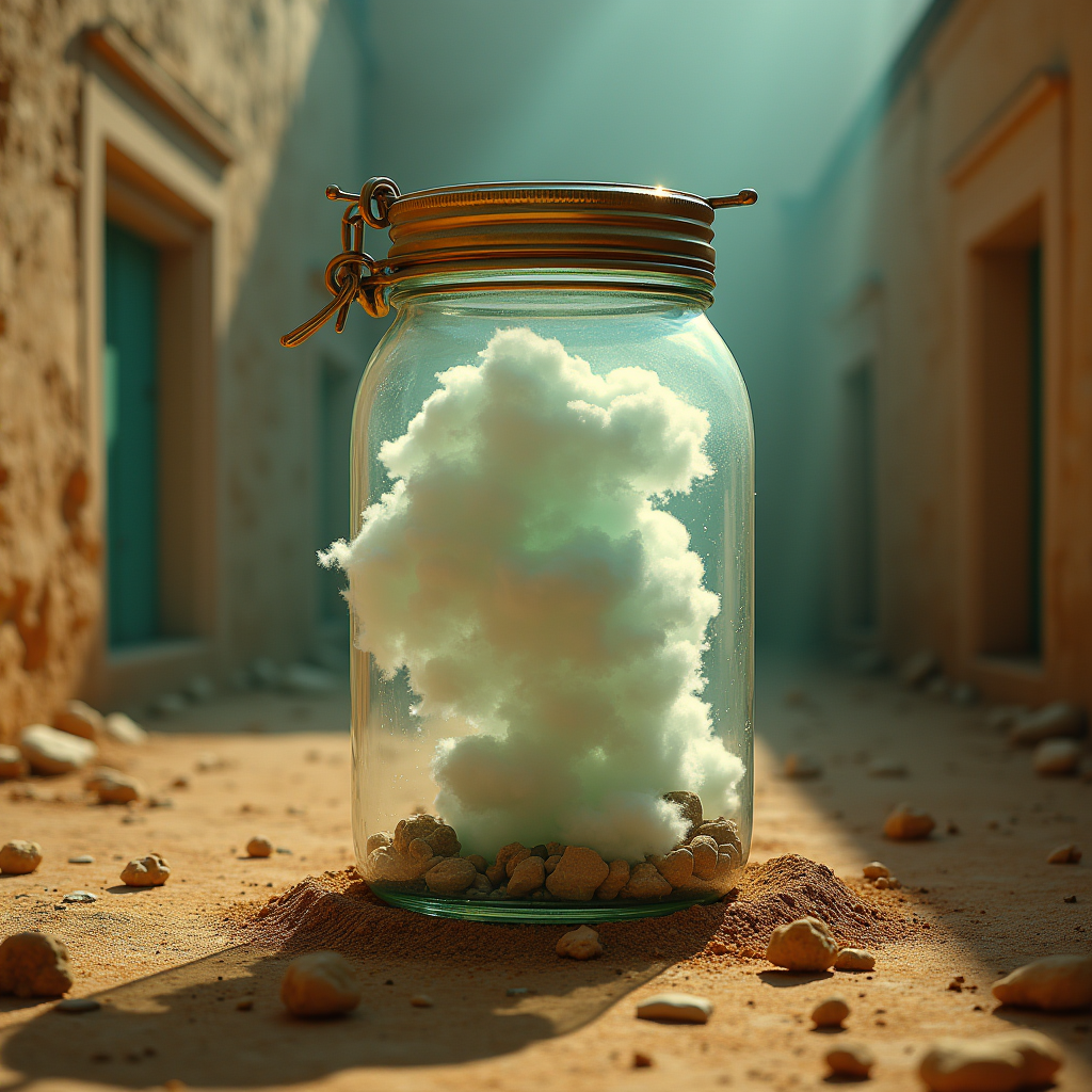 The jar’s brass latch seals the dormant cloud inside while s