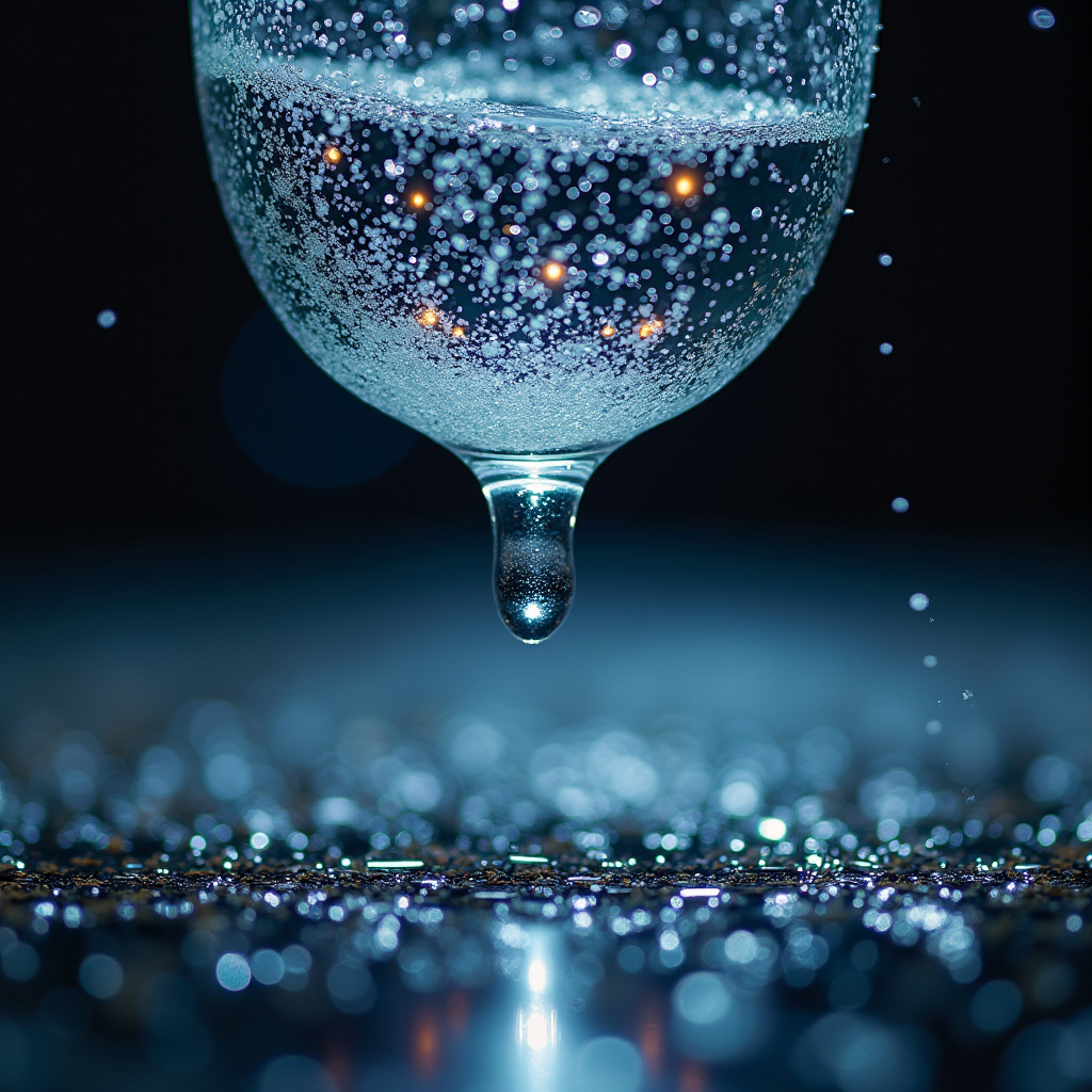 A single raindrop hovers just below the glass, frozen mid-fa