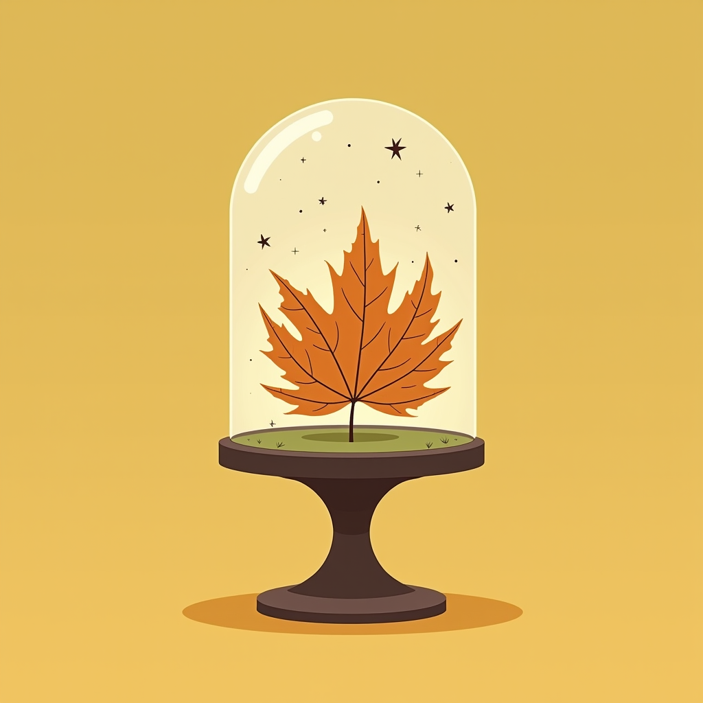 A dry autumn leaf rests beneath the glass pedestal, complete