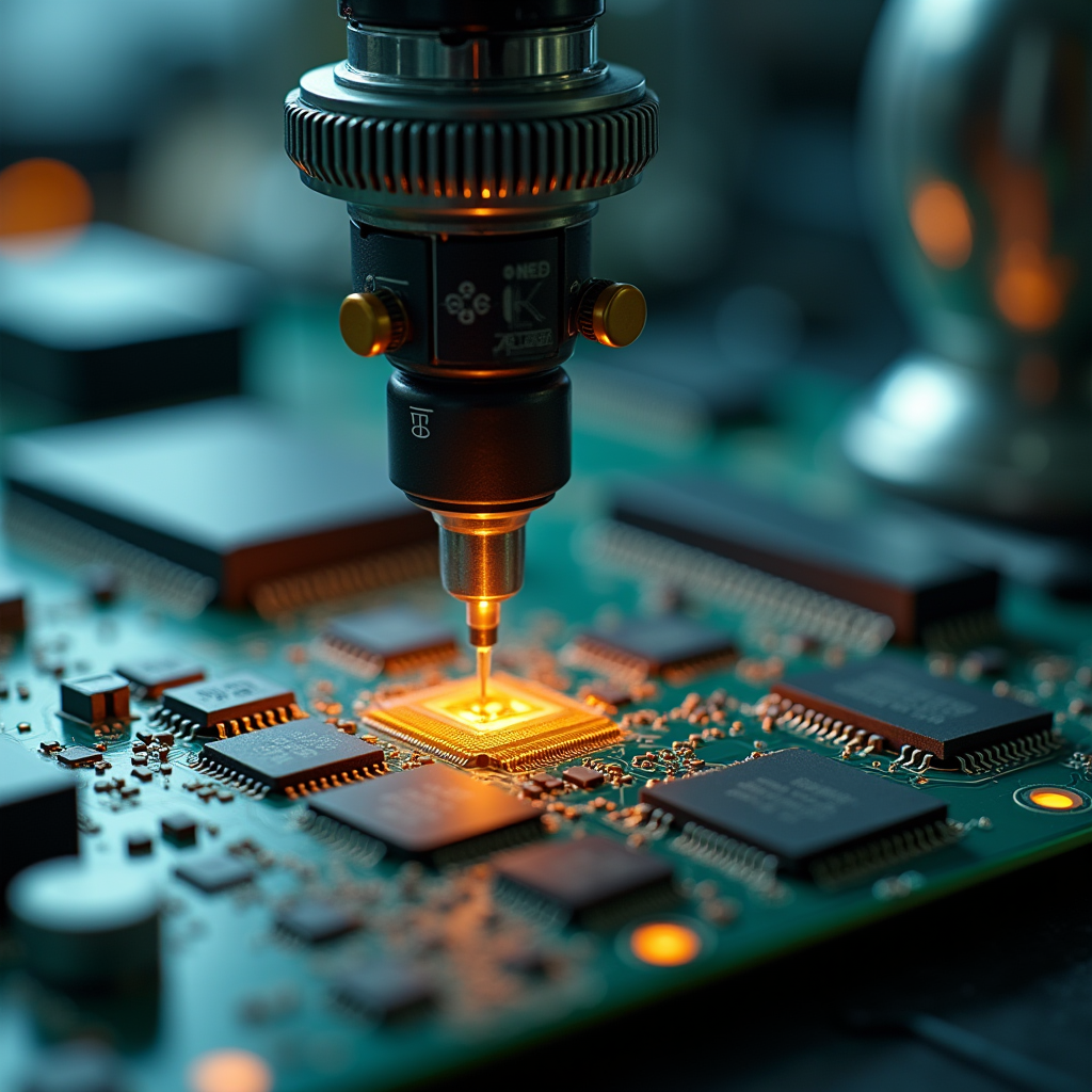 Close-up of a precision robotic arm placing microchips onto 