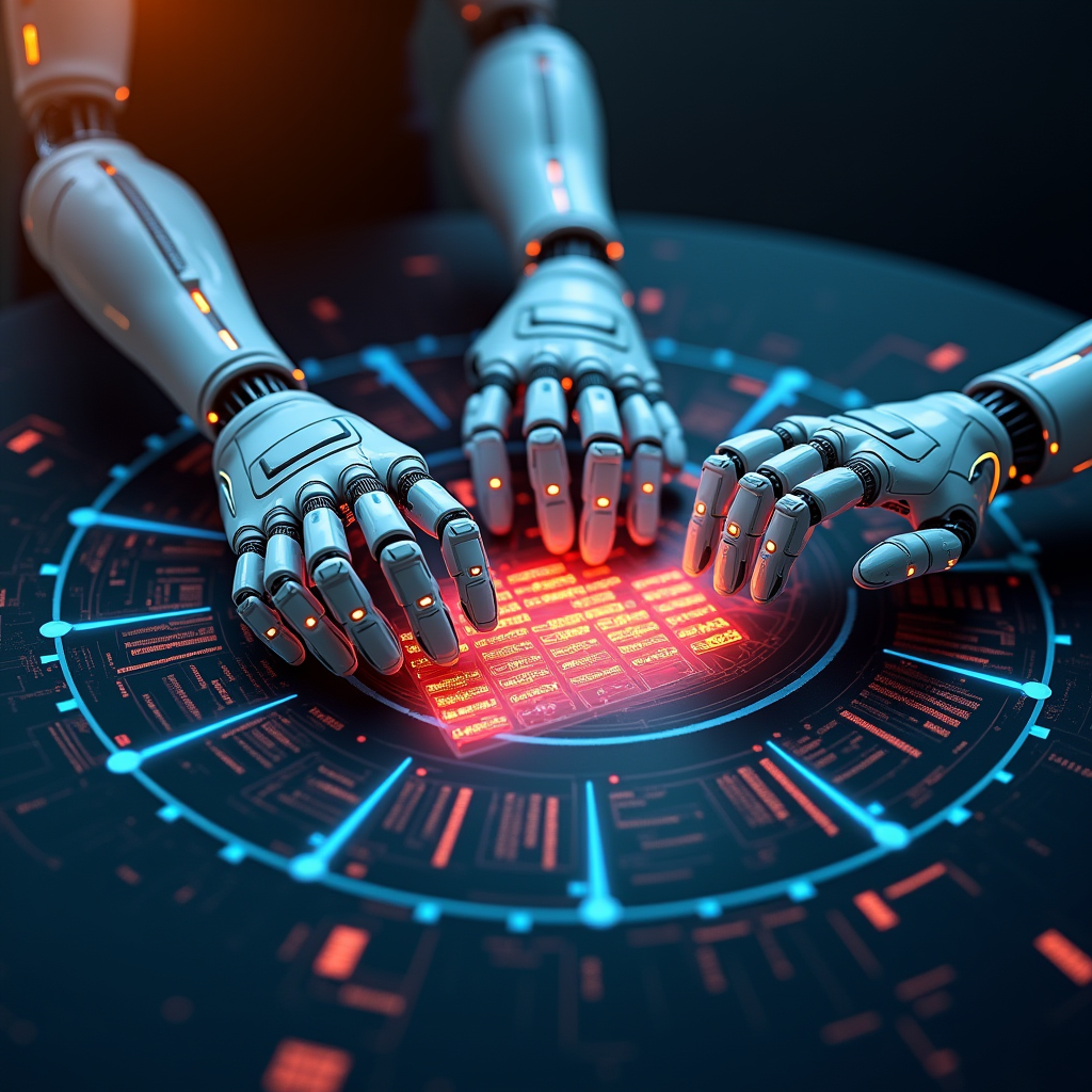 Three translucent robotic hands continuously sorting glowing