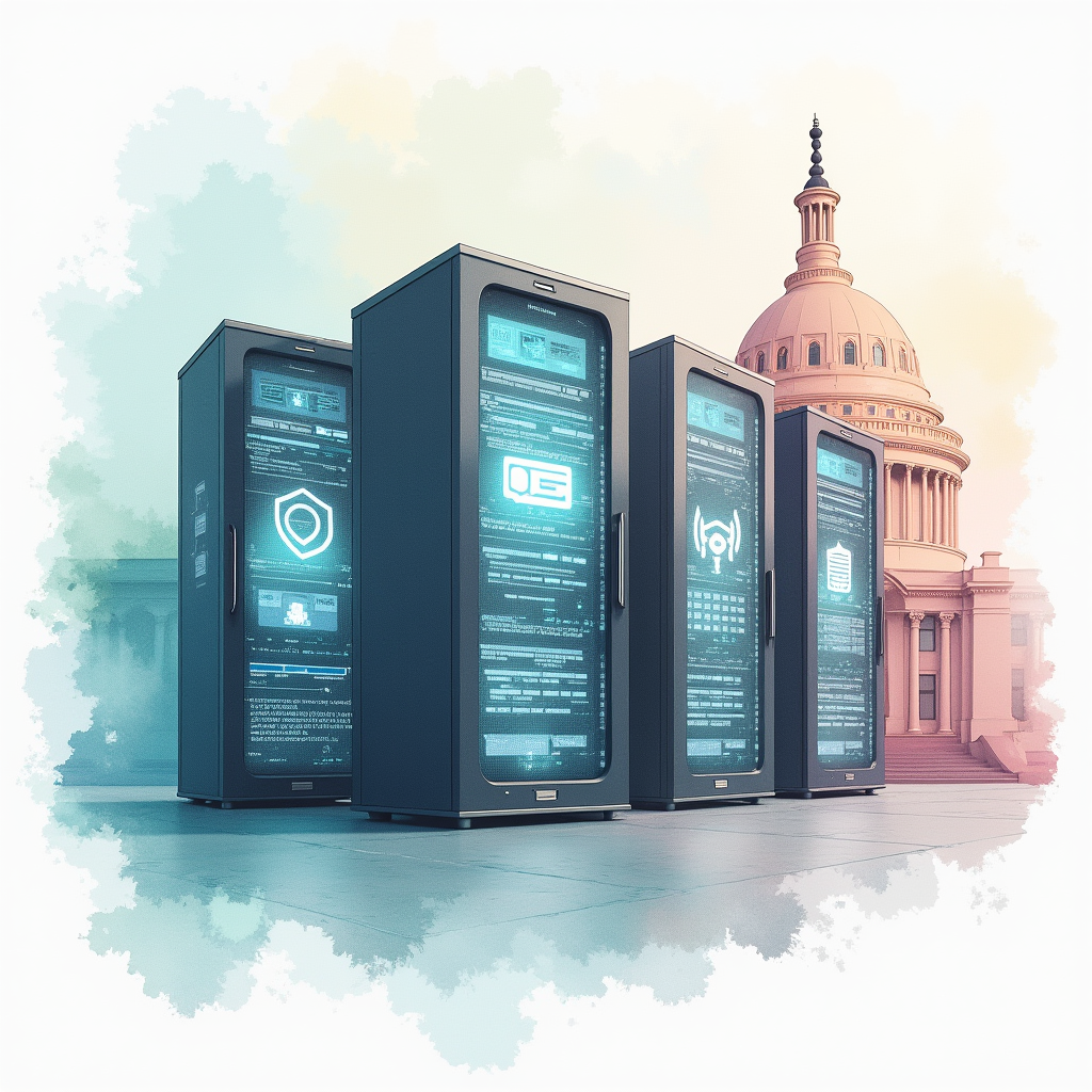 Three massive server racks display tech symbols and submit d