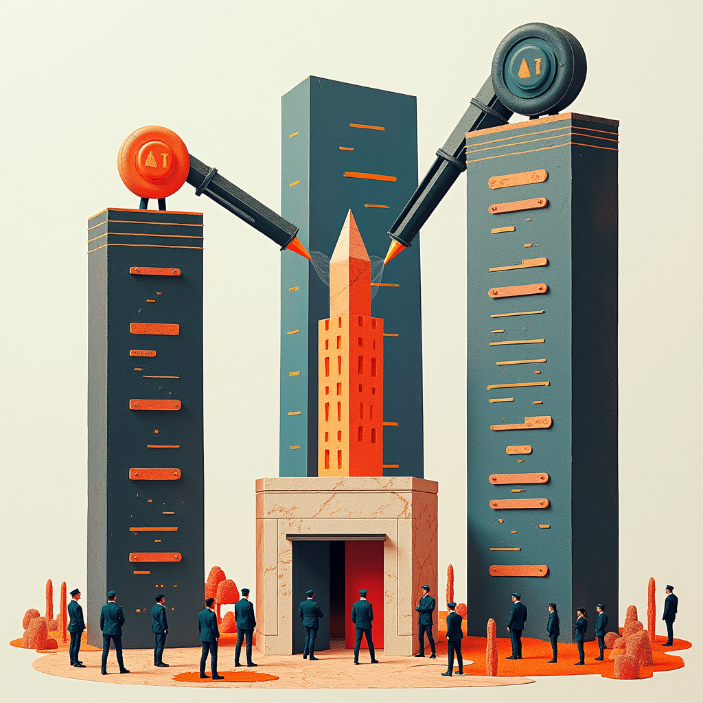 Three distinct corporate towers extend mechanical arms to de