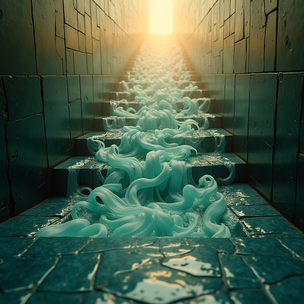 A cascade of polished obsidian tiles sliding down a friction