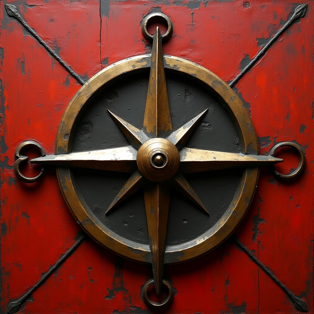 Two interlocking bronze compasses sharing a single central p