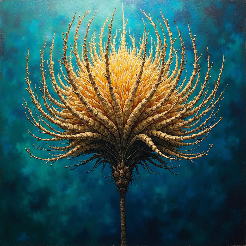 A dense cluster of crystalline seeds rapidly unfolding into