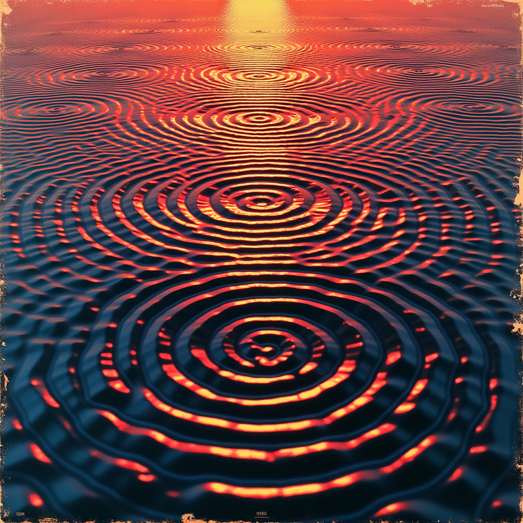 A vast sheet of dark glass suddenly rippling with concentric