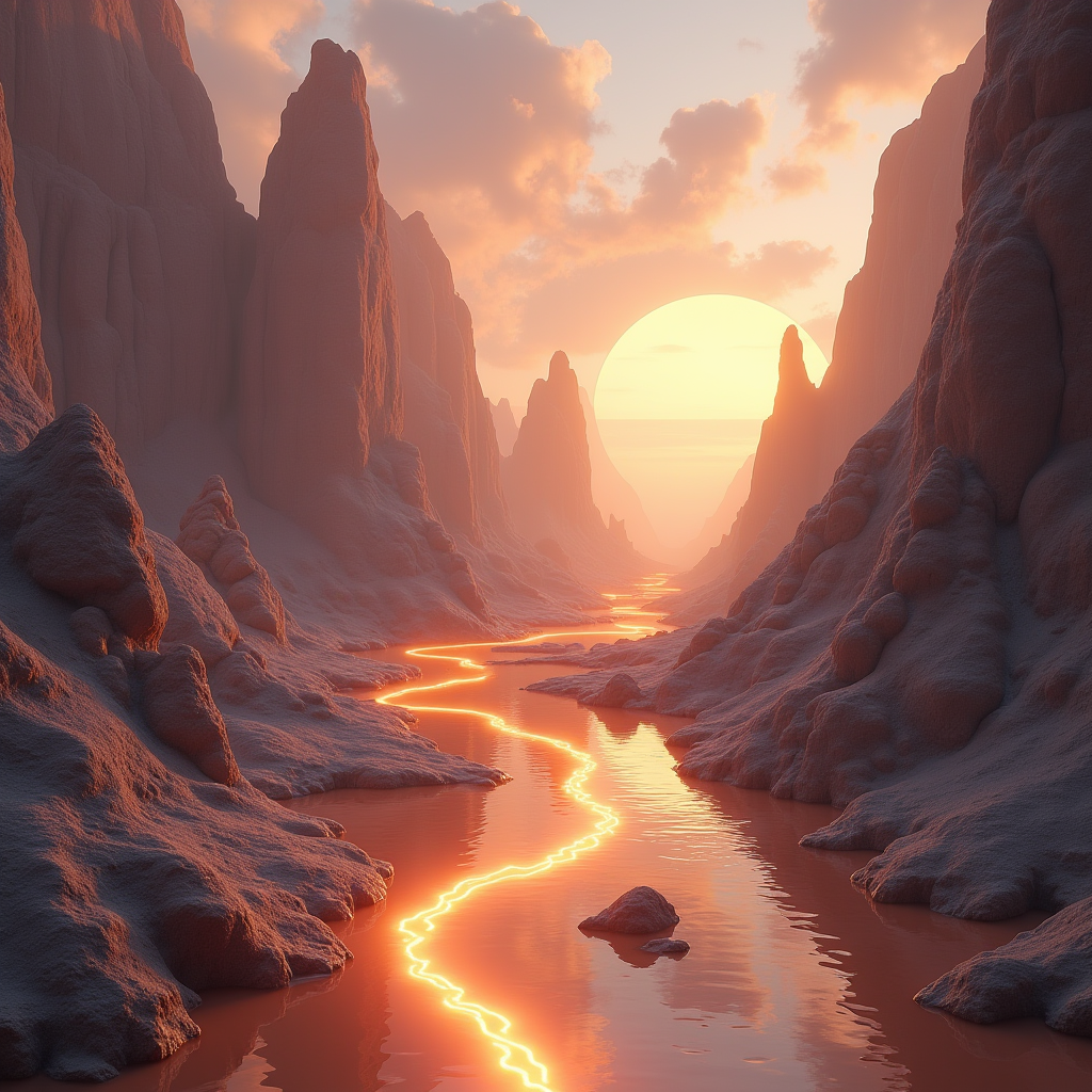 Translucent liquid glass flowing over jagged rock formations