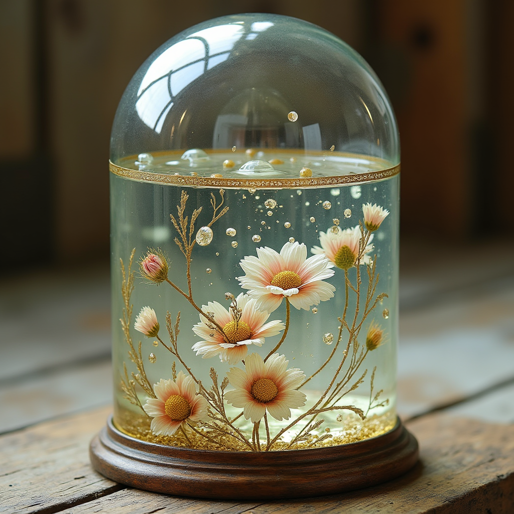 A clear glass cylinder containing suspended water droplets a
