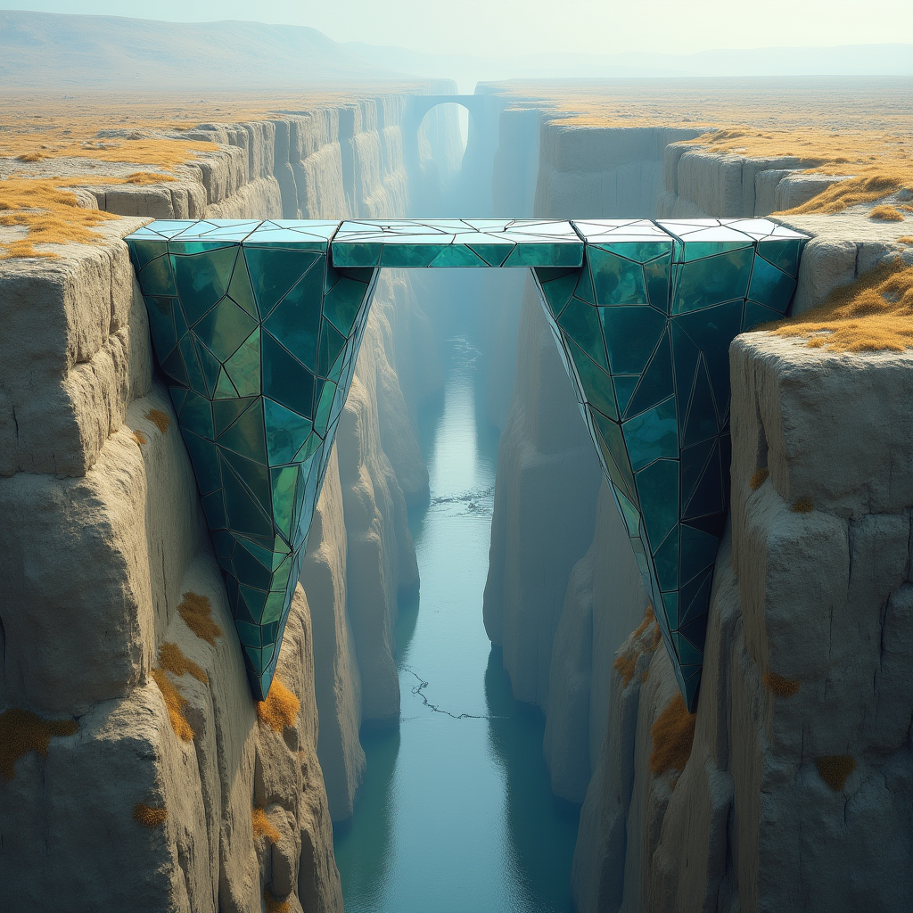 A bridge of interlocking glass panels spanning a deep chasm,