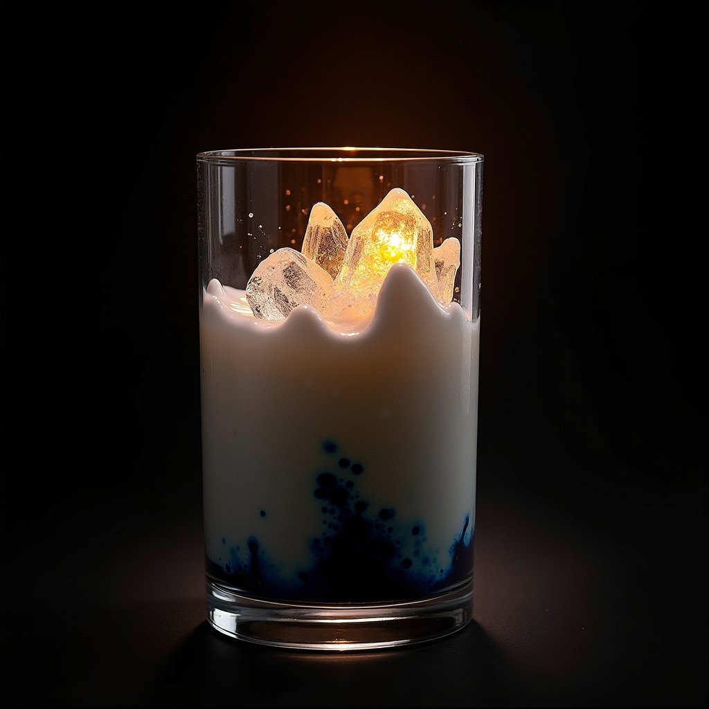 A glass vessel containing swirling ink and milk that slowly