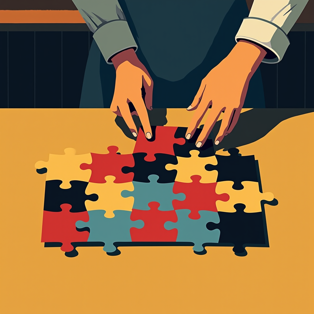 A librarian arranging scattered puzzle pieces on a wooden ta