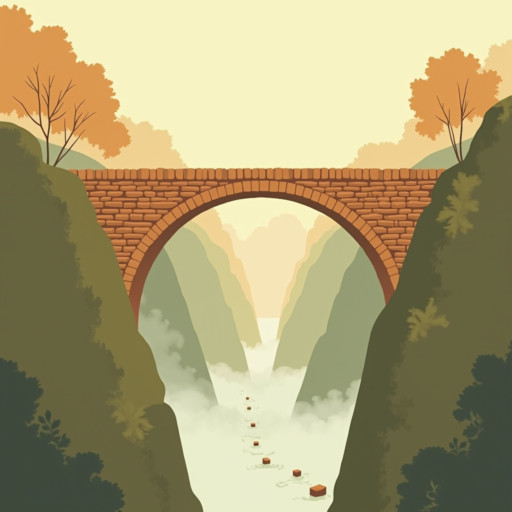 A stone bridge materializes across a misty chasm, bricks sna