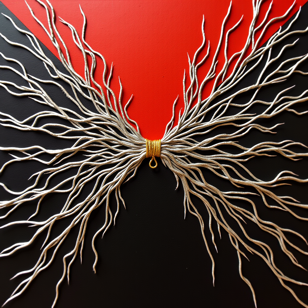 A chaotic tangle of silver threads pulled taut by a single g