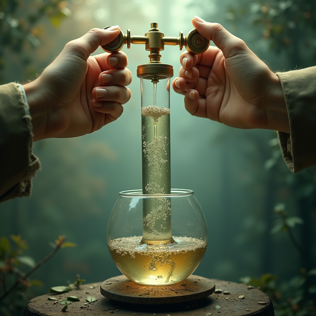 Hands turning brass dials on a series of connected glass tub