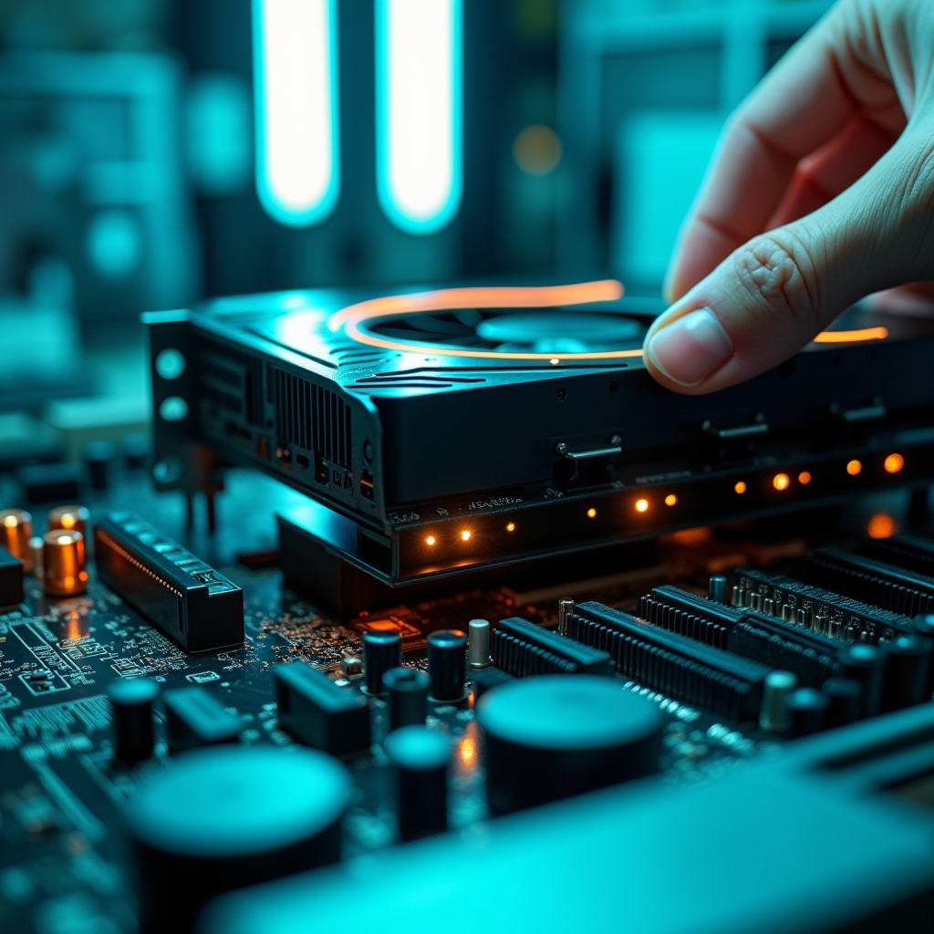 Tight framing of a hand securing a large graphics card into 