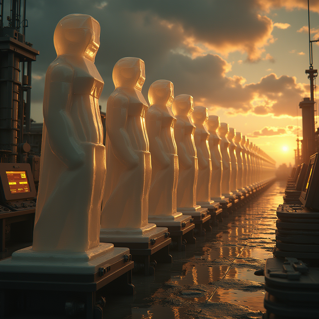 A row of identical geometric molds slowly cooling into human