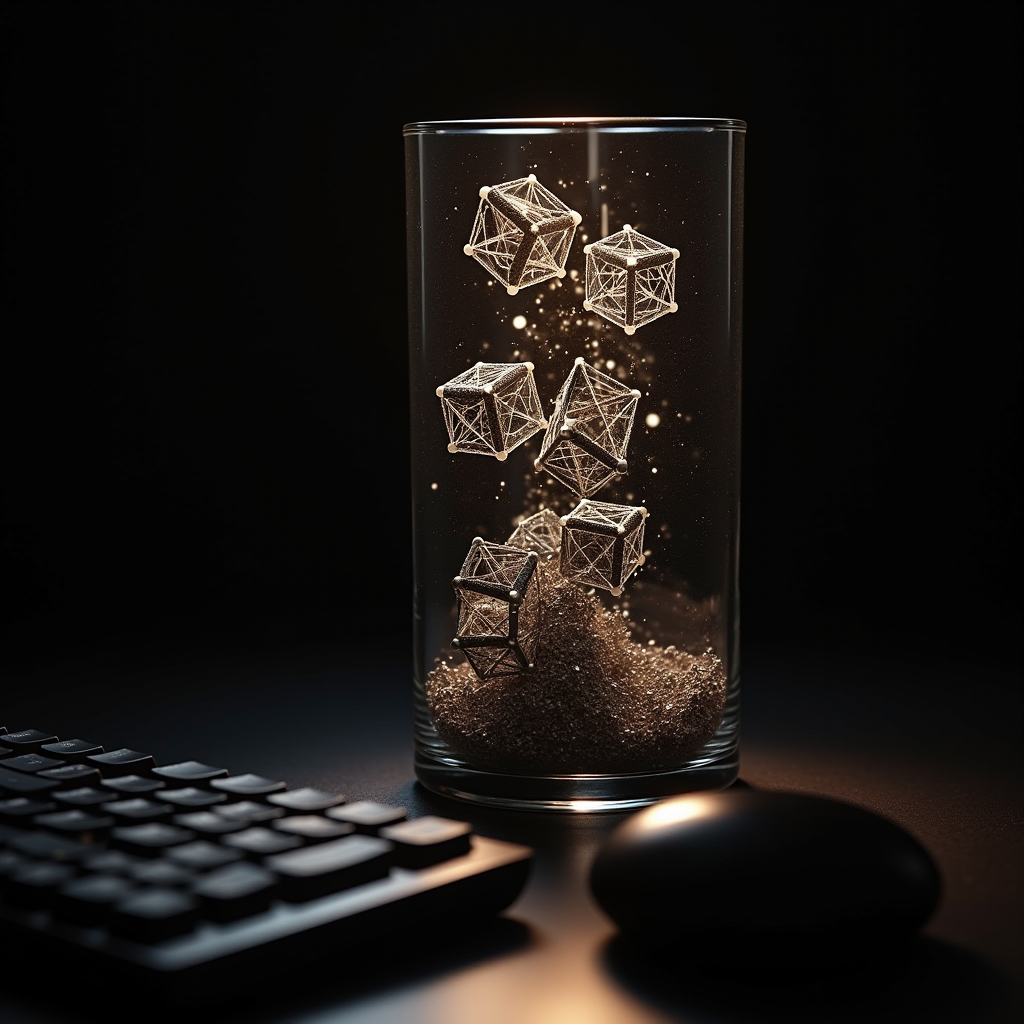A clear glass vessel filled with interlocking geometric cube