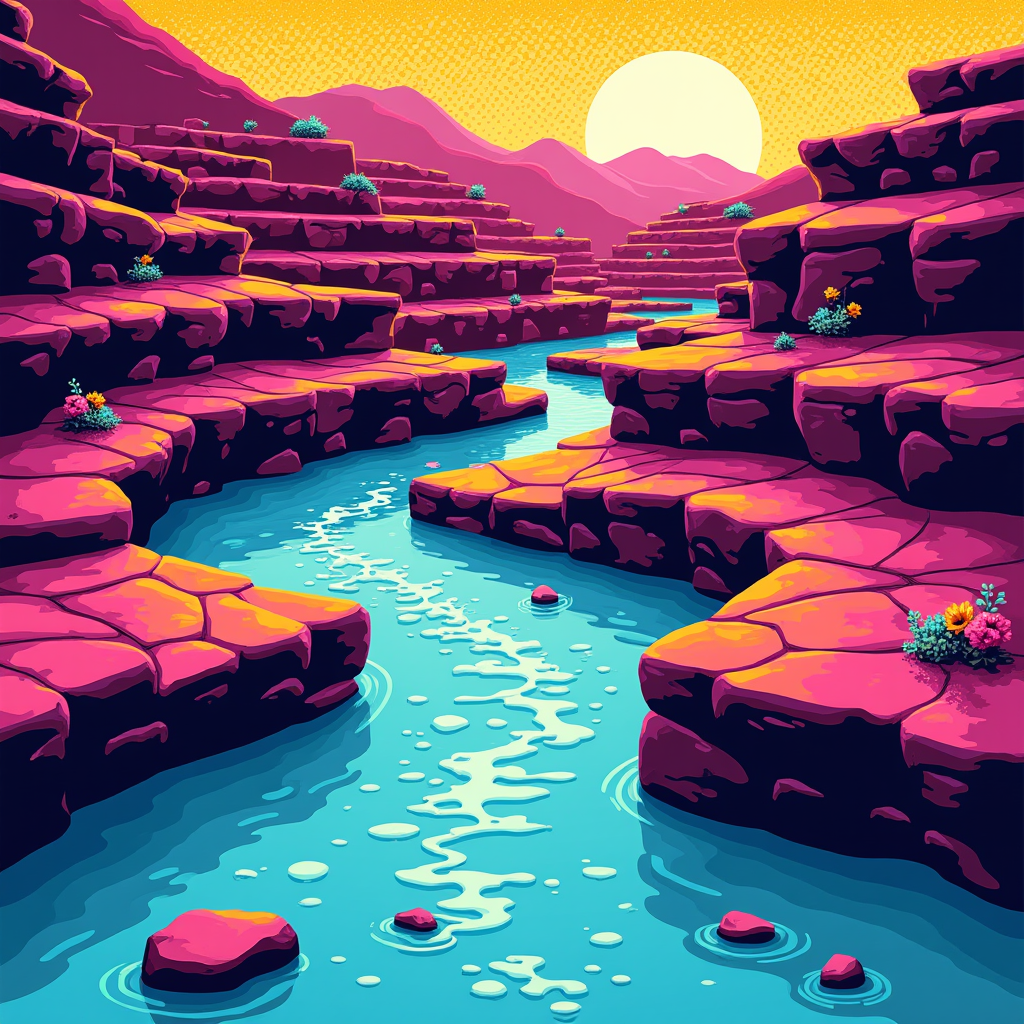 Ancient stone terraces worn smooth by centuries of water, ea