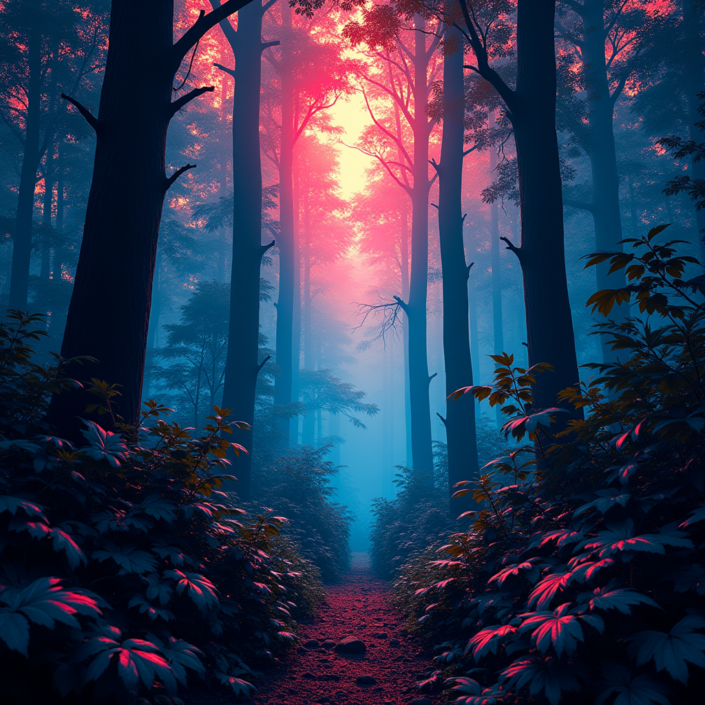 Sunlight filtering through dense forest canopy, illuminating