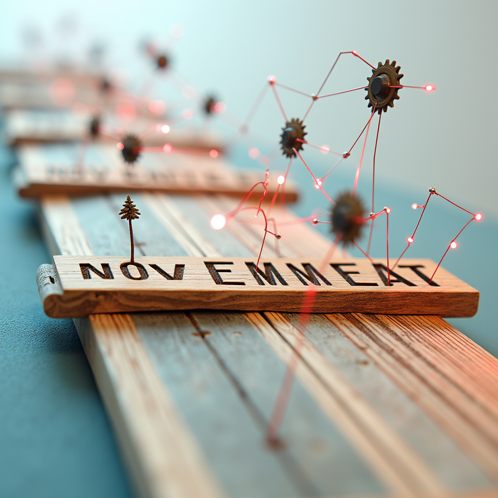 A wooden timeline marked with monthly intervals stretching f