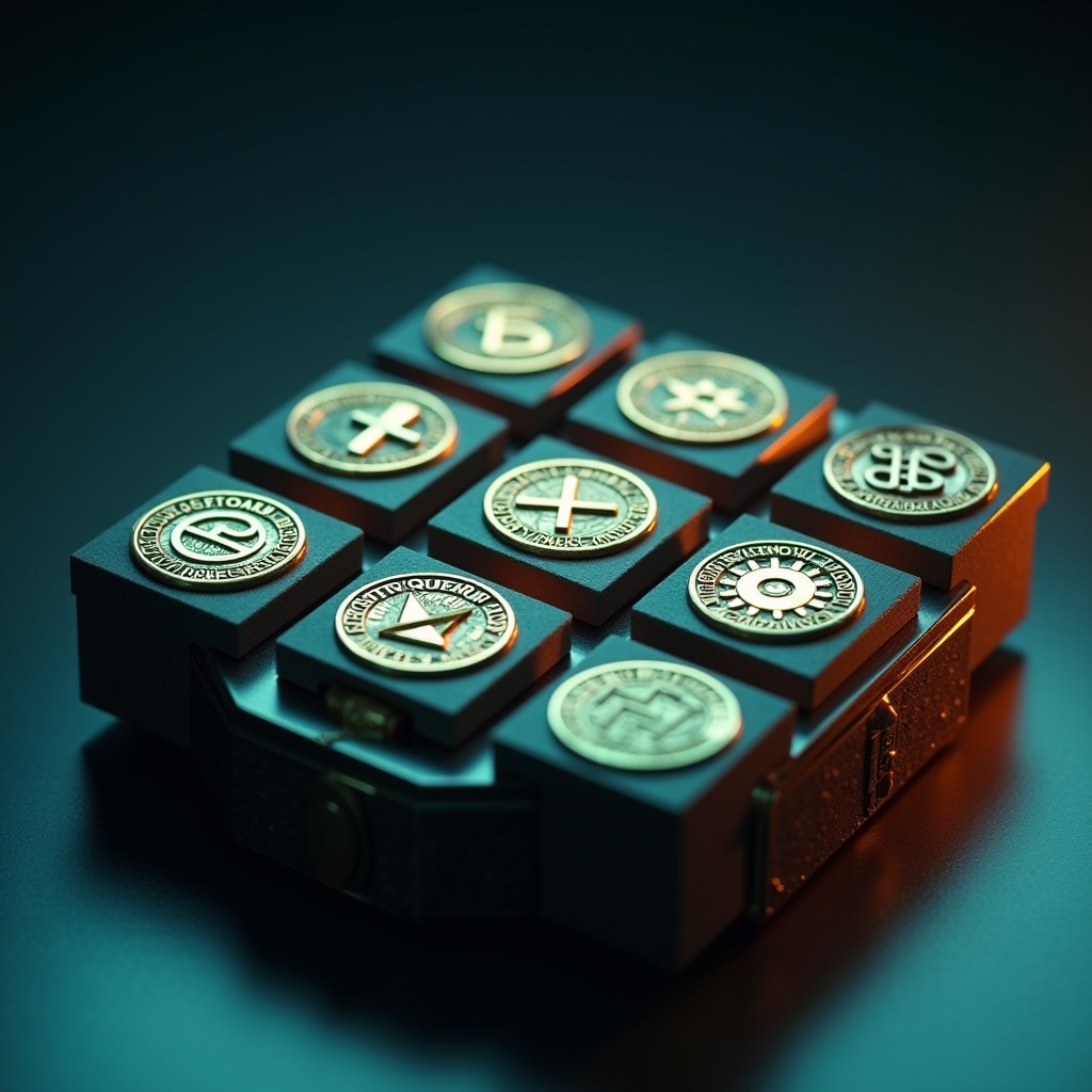 Nine geometric cryptographic seals resting on a secure pedes