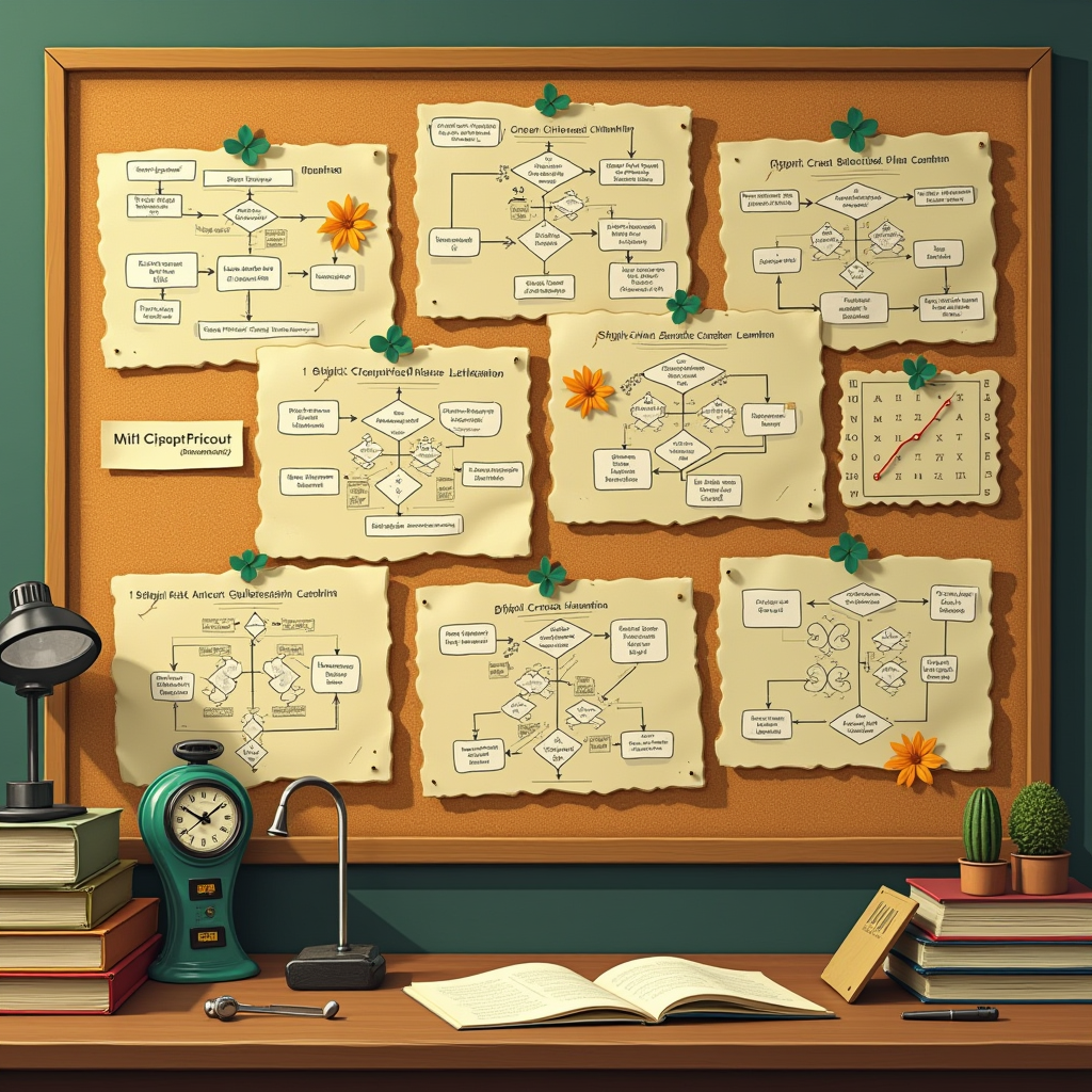 Nine detailed cryptographic algorithm flowcharts pinned to a