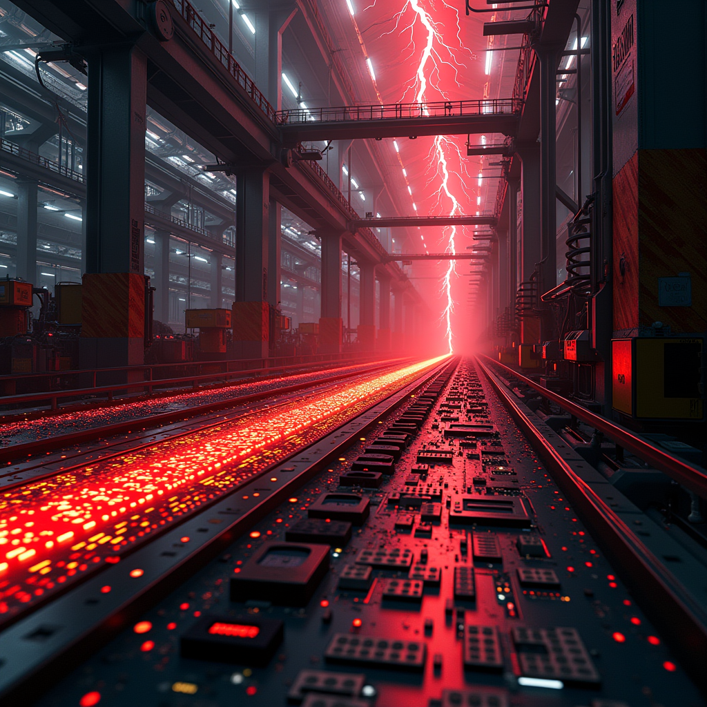 Industrial assembly lines processing raw electricity through