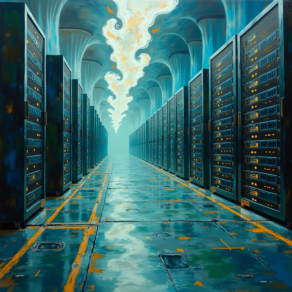 A sprawling data center floor where cooling towers release v